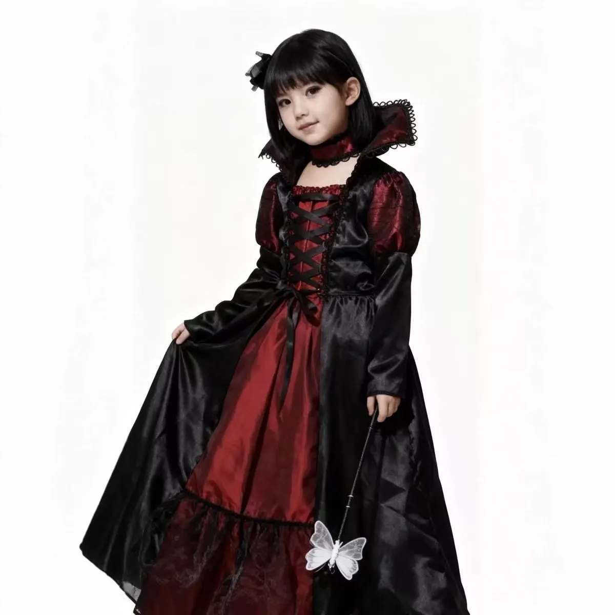 Kids Vampire Princess Costume Dress, Black Red Gothic Long Gown For Hallowe