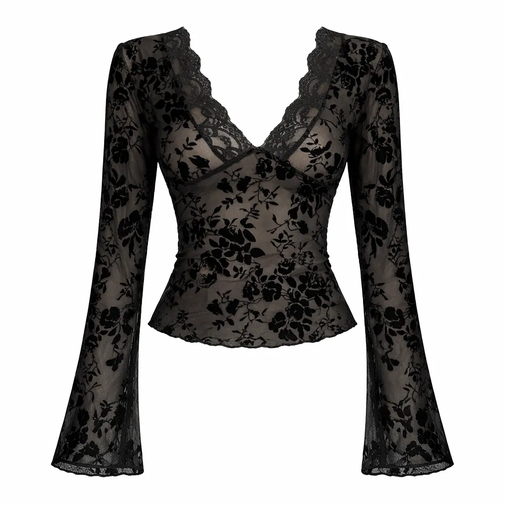 Women's V-Neck Lace Mesh Top With Trumpet Sleeve - Black