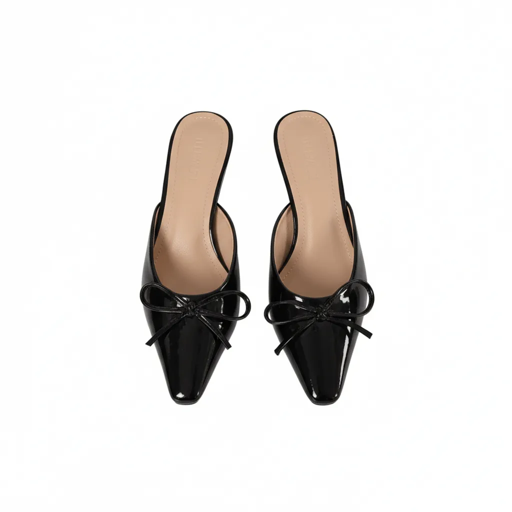 Elegant Design Women's Patent Bow Pointed-Toe Mule Heels - Black