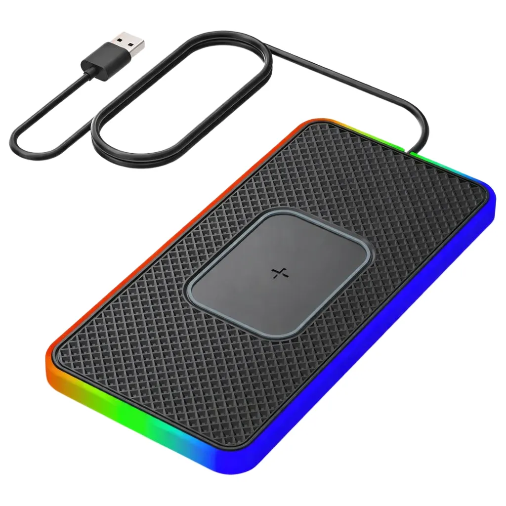 Kemei 15w RGB Car Wireless Charger Pad With Non-Slip Mat & 1M Usb Cable