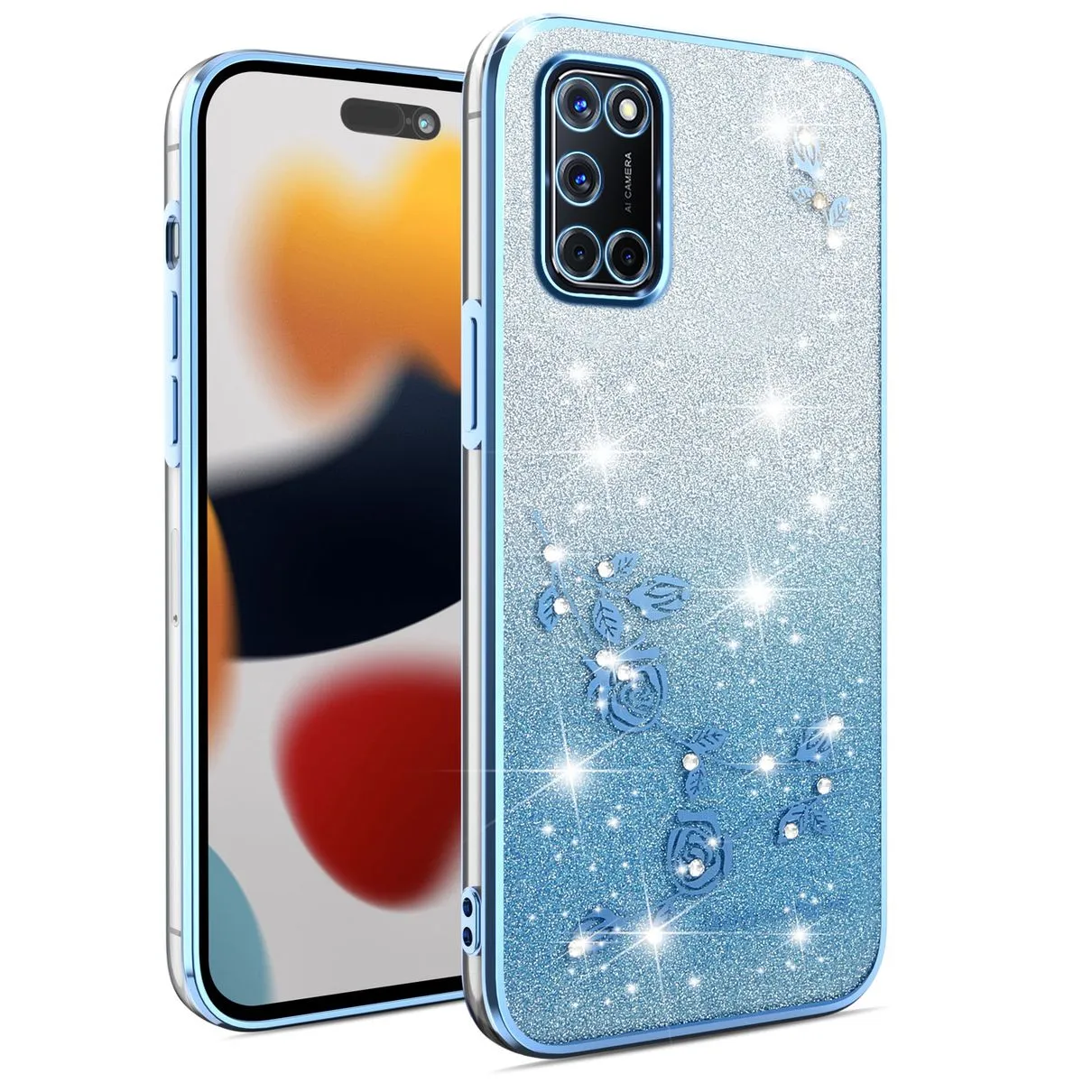 Phone Case Compatible With OPPO A72 Flowers Diamond Shining Cover - Blue