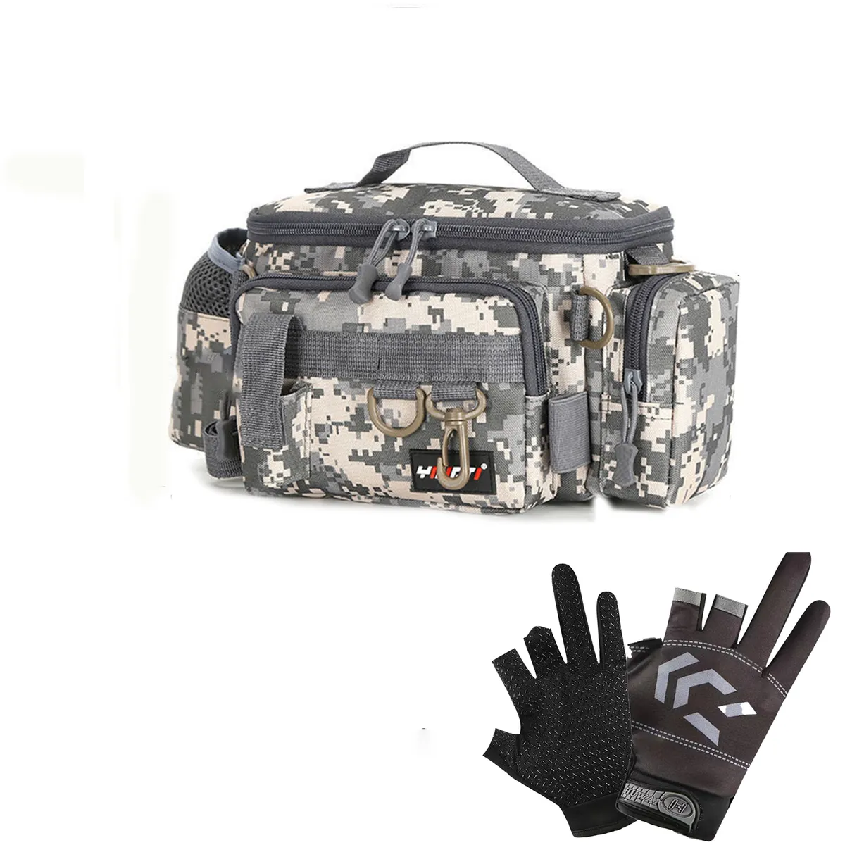 Fishing Tackle Bag with Fishing Rod Holder, Gear Holder, and Gloves - 600D