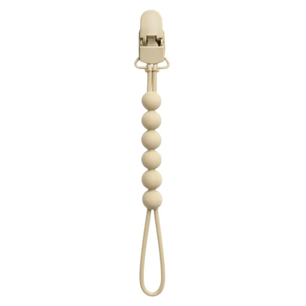 2 Pack - Silicone Beaded Pacifier Wooden Clip with Secure Fastener - Beige 