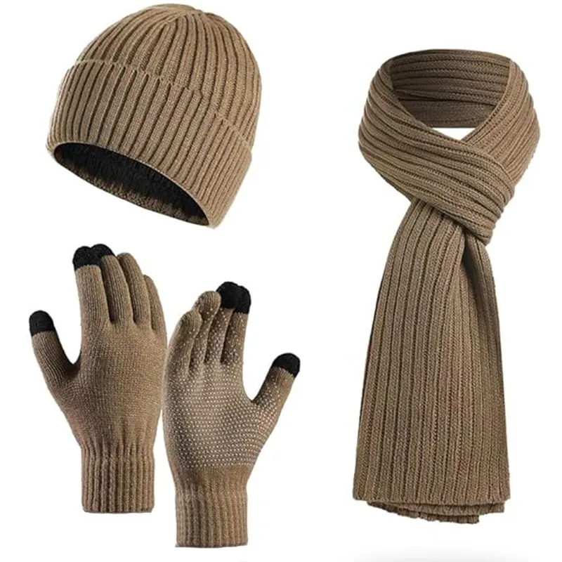 Men's Winter Warm Knit Beanies Hat Scarf Touch Screen Gloves Sets - 3 Piece