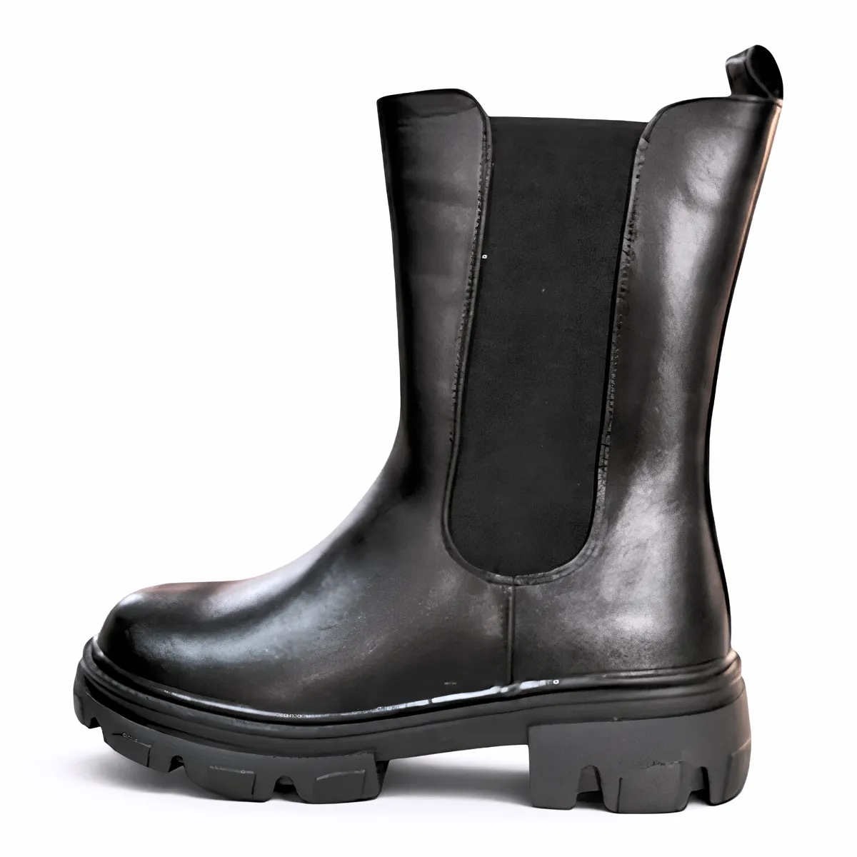 Women's Black PU Leather Chelsea Boots Chunky Lug Sole Mid-Calf Zip Boot