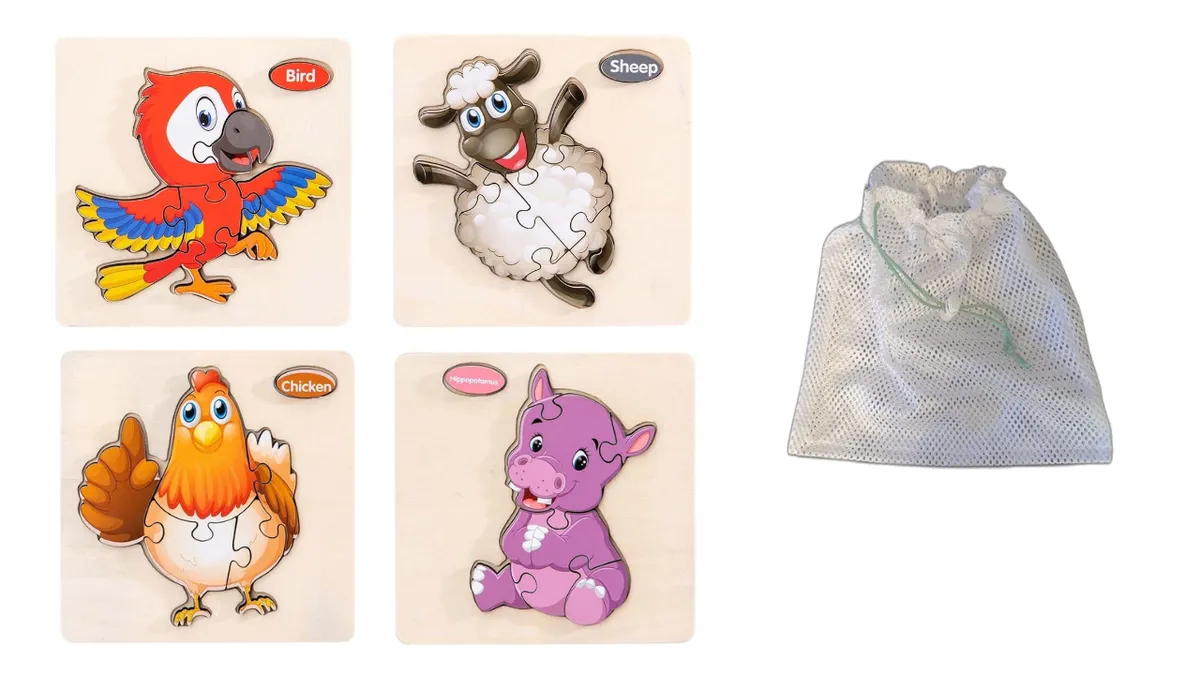4 Piece Early Learning Wooden Puzzle Set and Bag - Bird and friends