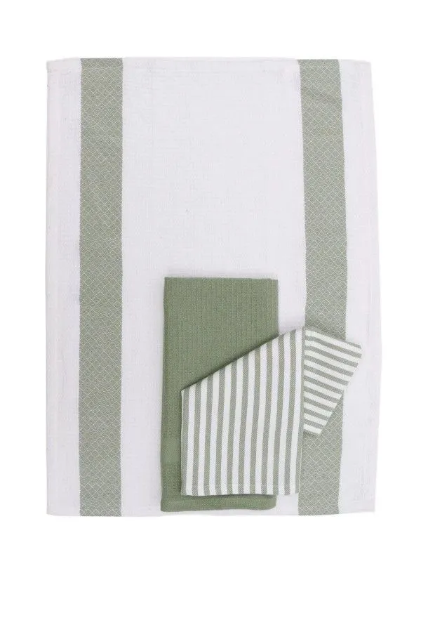 3 Pack Stripe Cotton Tea Towels - Green
