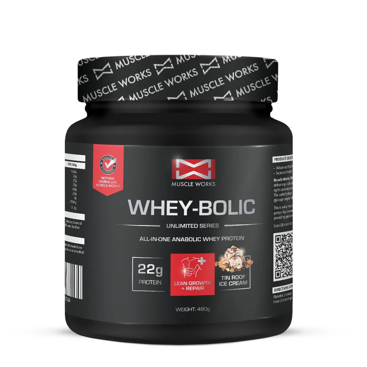 Muscle Works Whey-Bolic Protein 480g Tin Roof Ice Cream
