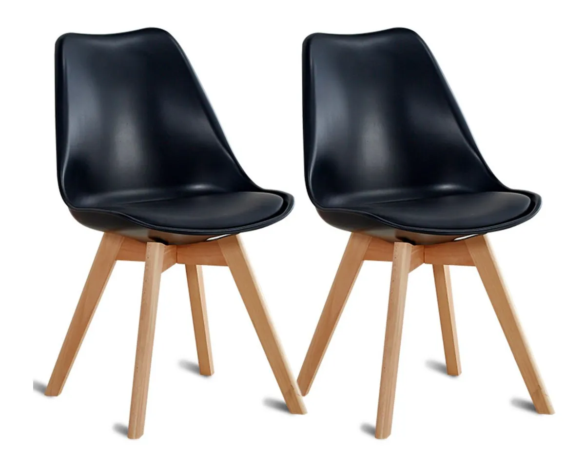 Nova Dining Room Chair - Set of 2 Padded Modern Chairs with Wooden Legs - Black 
