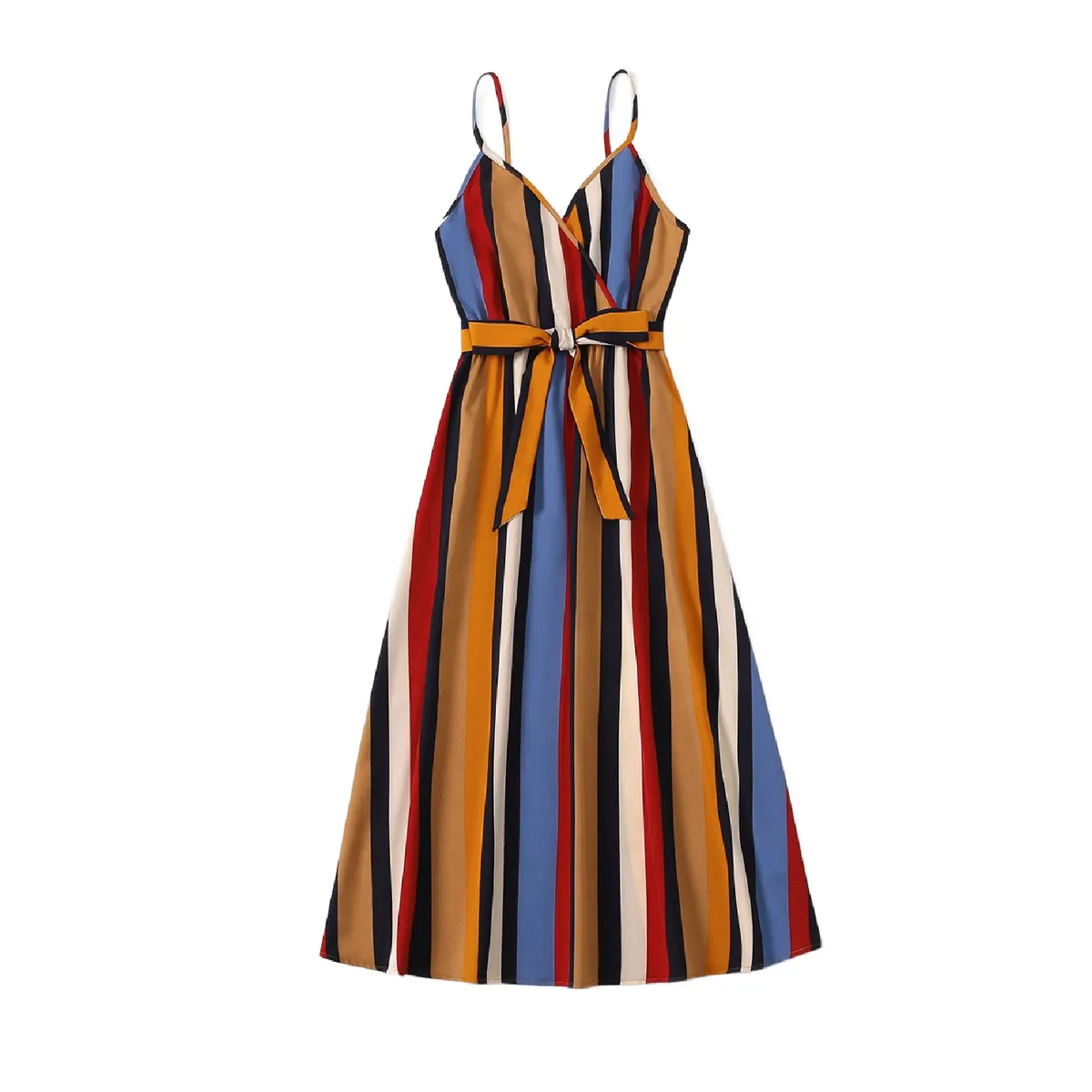 Women's Striped Summer Off-Shoulder Maxi Dress, Multi-Coloured with Belt
