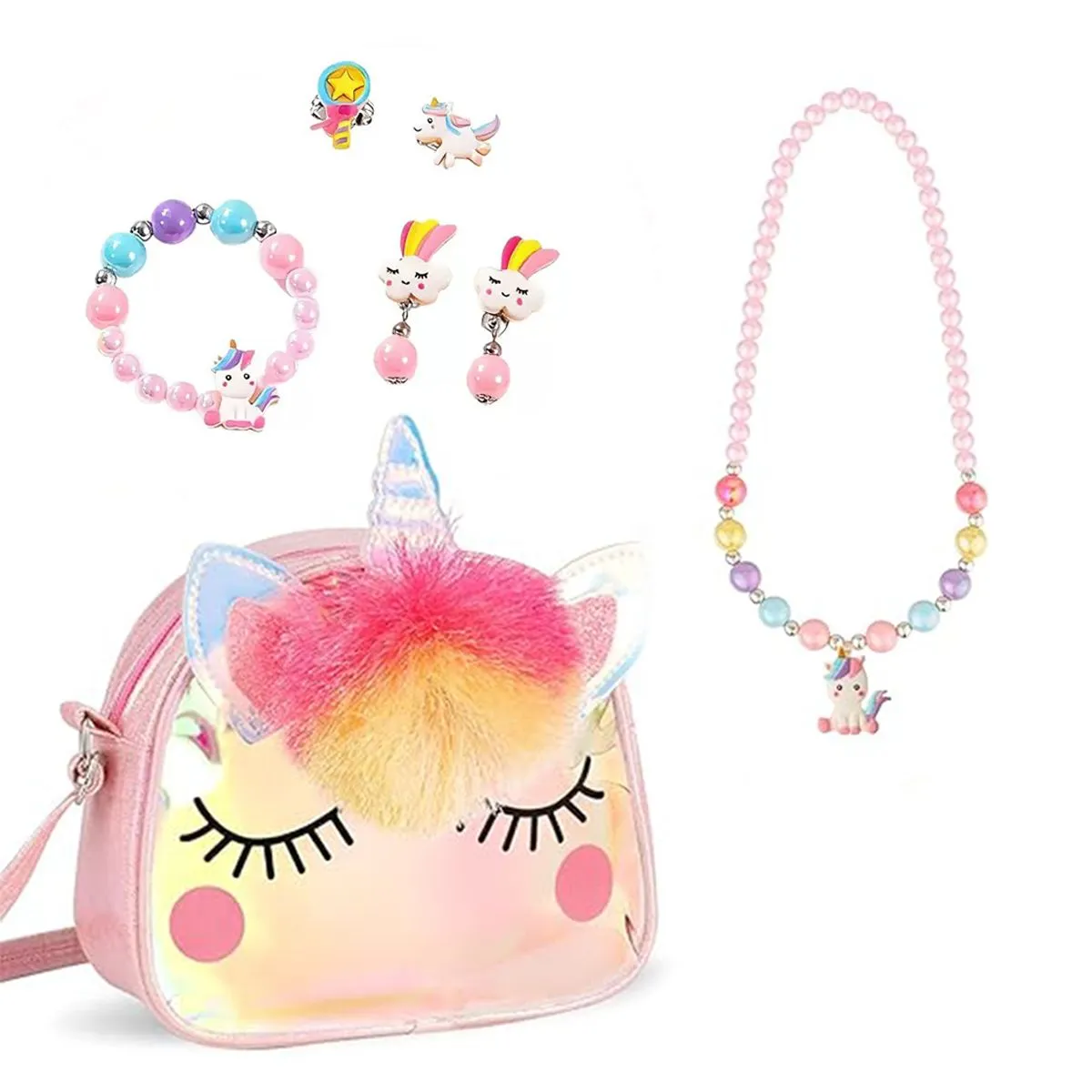 Rainbow Unicorn Crossbody Bag Toys Purse with Jewelry Set for Girls