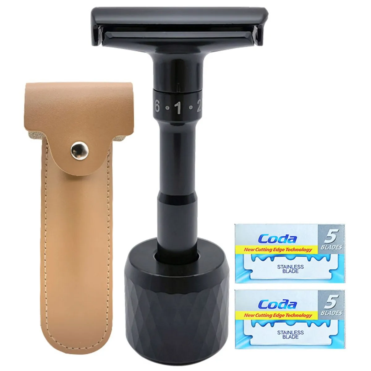 Safety Shaving Razor Set Long Handle Stainless Adjustable Double Edge - Black