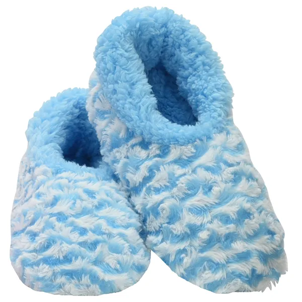 Snoozies Ladies Blue Wiggly Stripe Fleece Slippers - Non-Skid Soft Sole