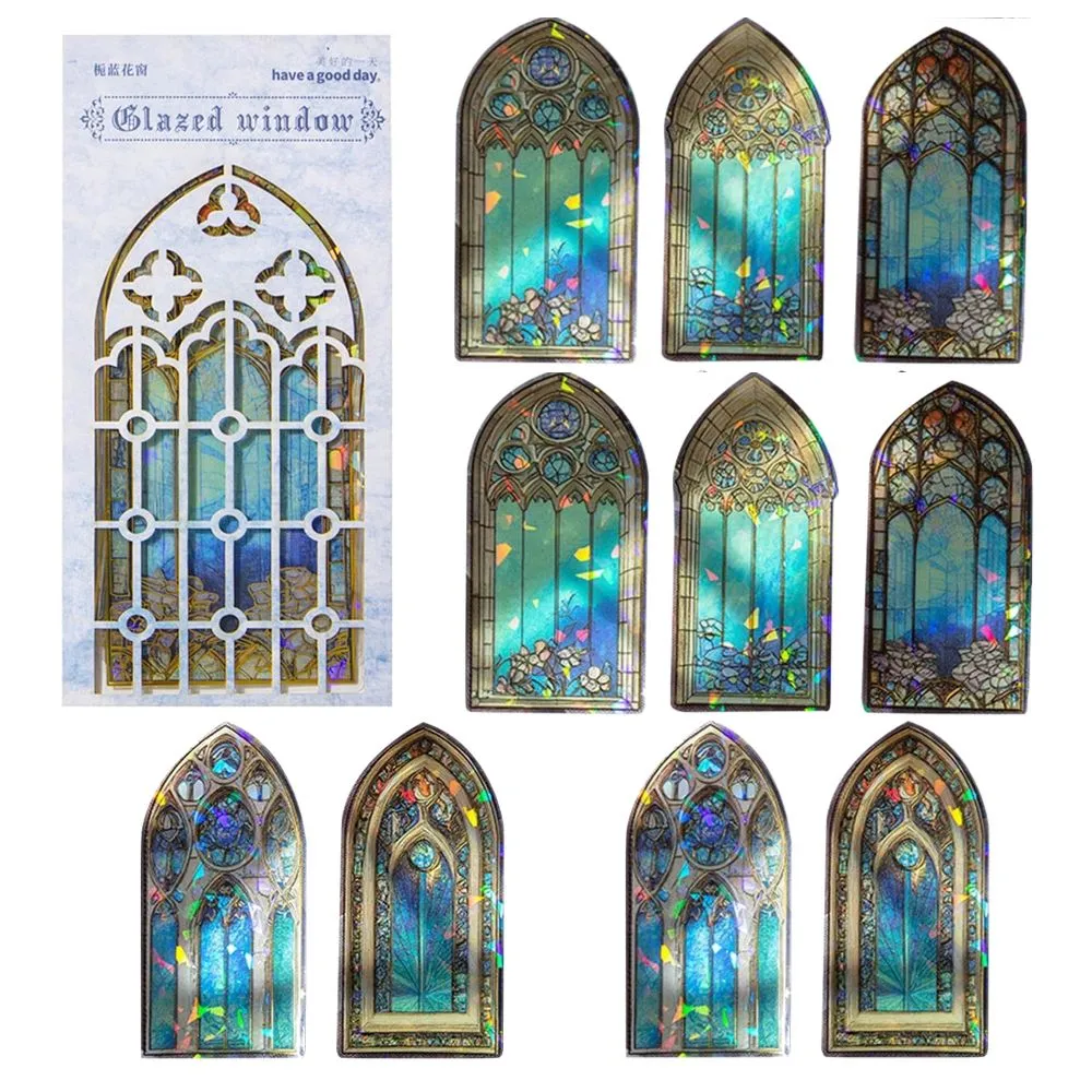 Craft Vintage Stained Glass Window Scrapbooking Sticker Set of 10 (12cm) - Blue, Brown