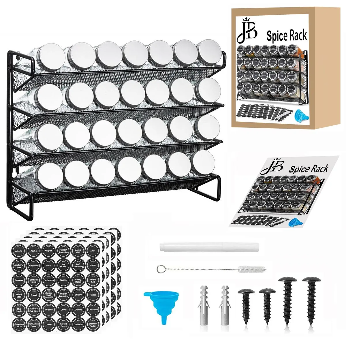 Jane Becker 28 Spice Jar with Rack Organizer set with Labels & Chalk Marker