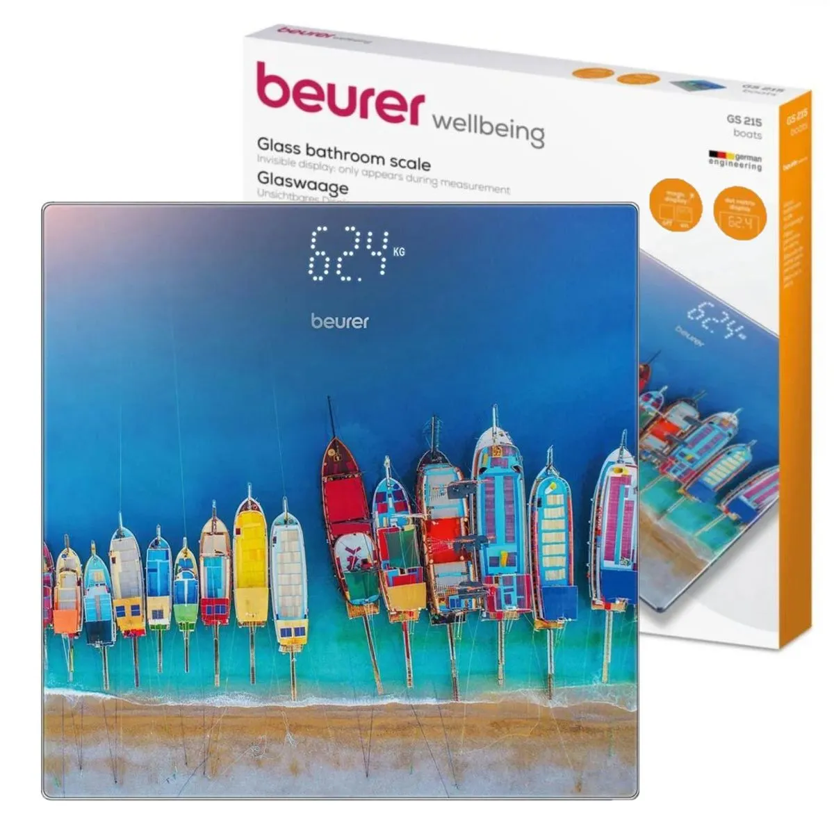 Beurer Germany Digital Bathroom Scale | Boats Glass Print | 180kg | GS 215