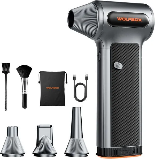 WOLFBOX MF200 Air Duster, 3-Speed Turbo Airflow, 6000mAh, 4 Nozzles & USB-C