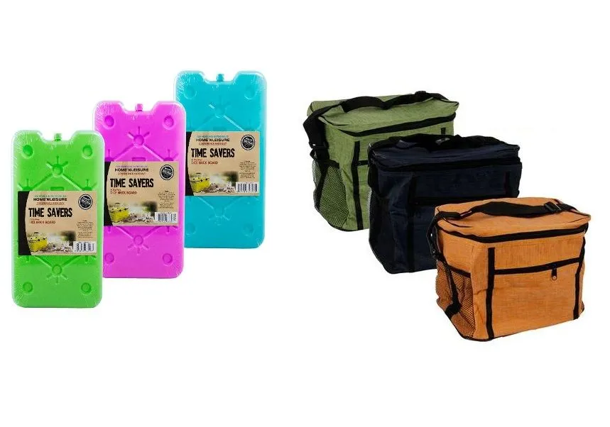 3 Piece Nylon Cooler Bags With Pockets 27x18x23cm +3 Piece Ice Brick Boards 25x14cm