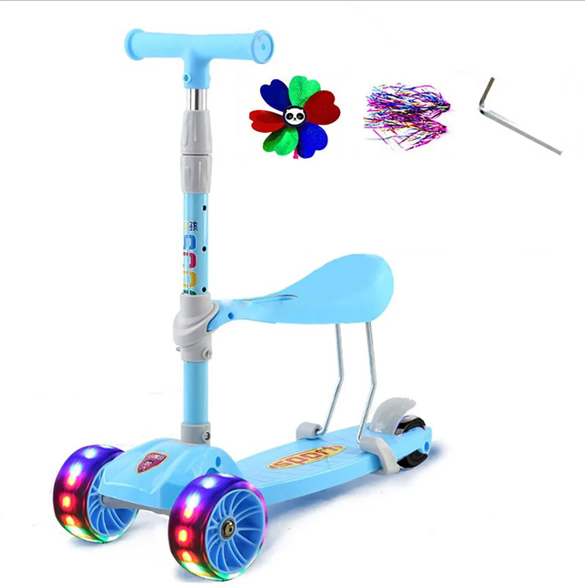 Folding Kids Scooter Tricycle Ride Toys With Flashing Light Wheels - Blue