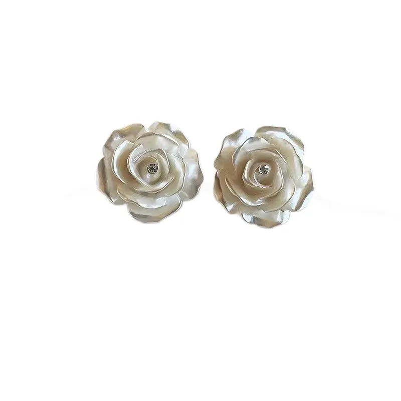 925 Silver Needle White Camellia Earrings For Women, Little Shang Style