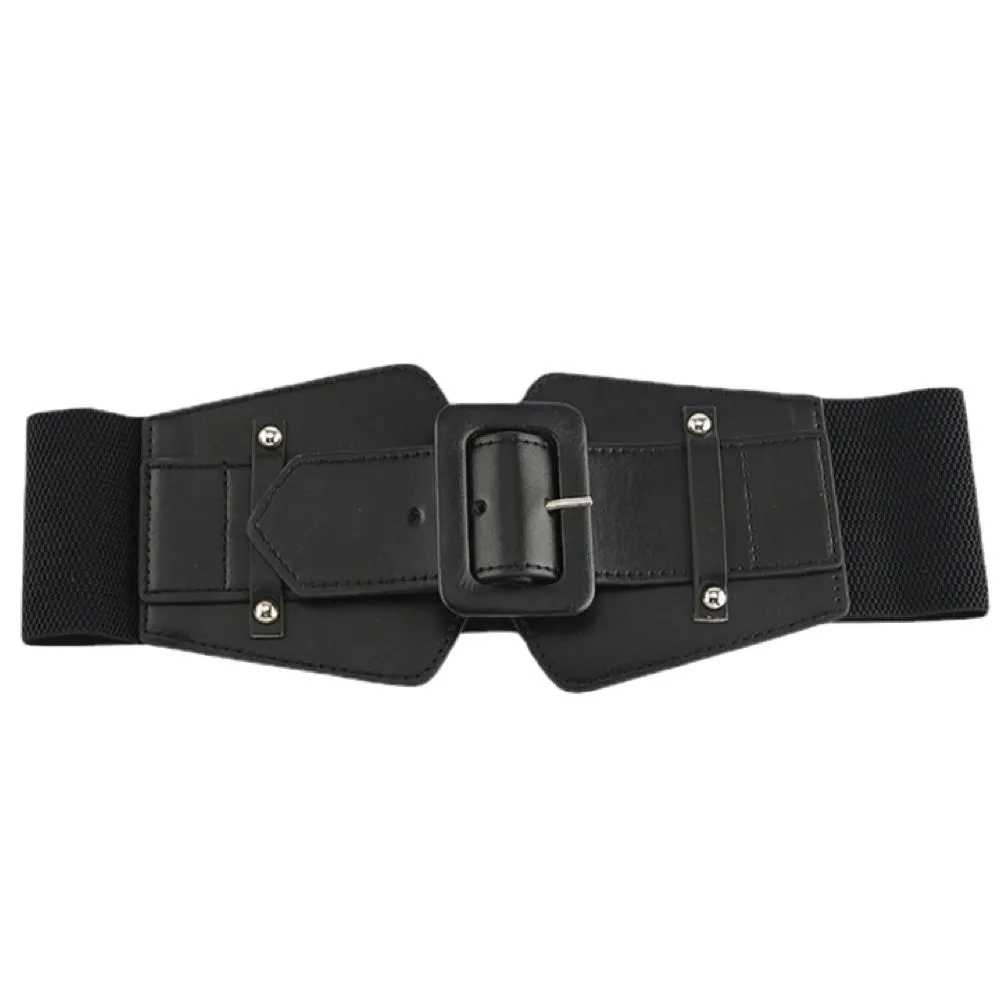 Fashion Women's Wide Faux Leather Elastic Waist Casual Corset Cinch Belt - Black