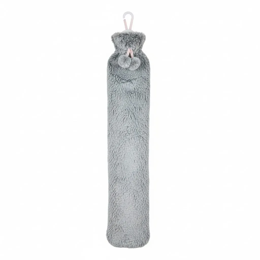 2L Long Body Hot Water Bottle with Soft Faux Fur Cover & Pom Poms - Grey
