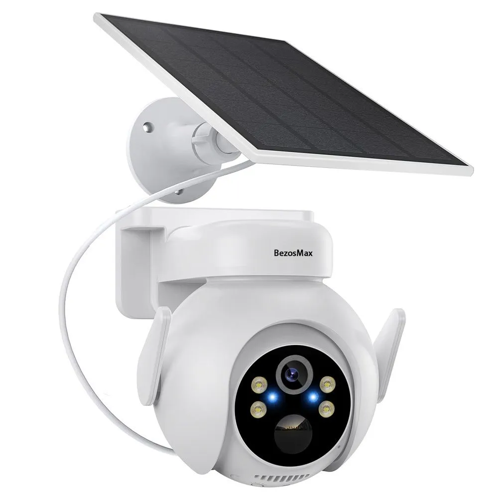 BezosMax 4MP Solar Security Camera Wireless Outdoor with AI Human Detection - White