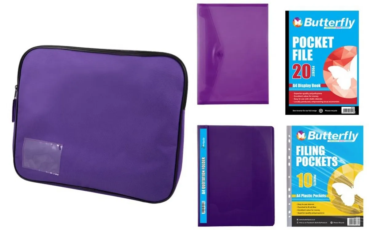 Stationery Pocket File, Folders & Book Bag Bundle (Purple)