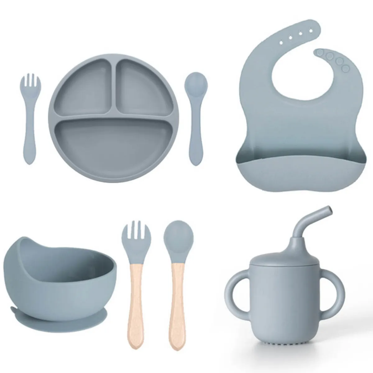 8-Piece Silicone Baby Feeding Set Weaning Supplies Suction Bowl Cup Spoon - Blue