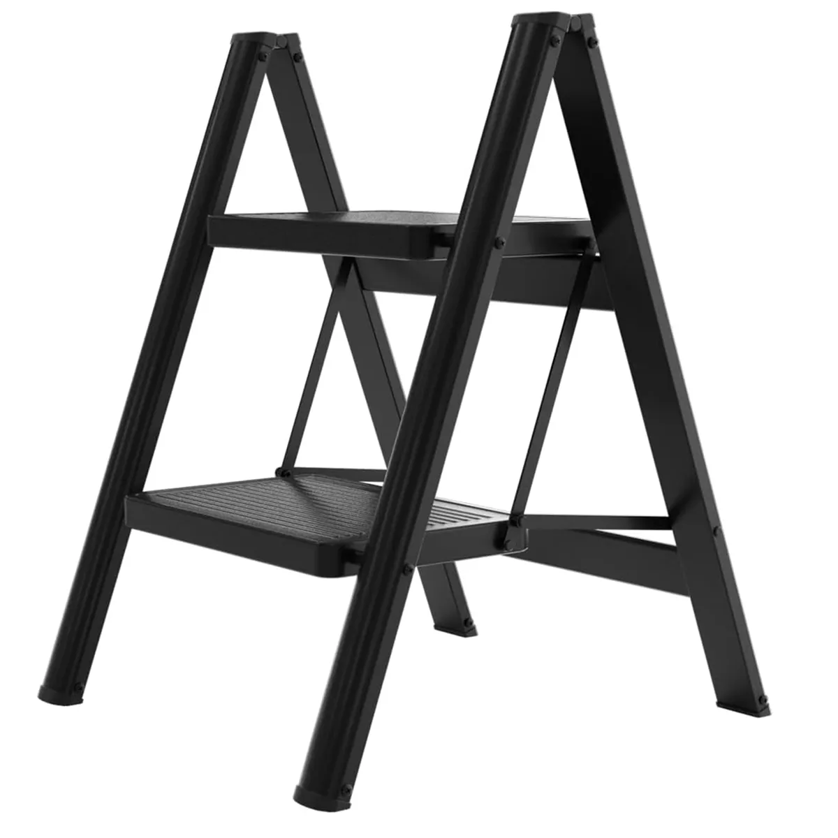 2-Step Folding Ladder Anti-Slip Pedal Portable Lightweight Stepladder - Black