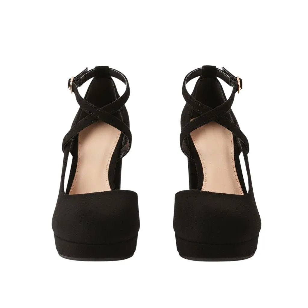 Women's Size EU-35 Suede Cross-Strap Platform Block Heels - Black