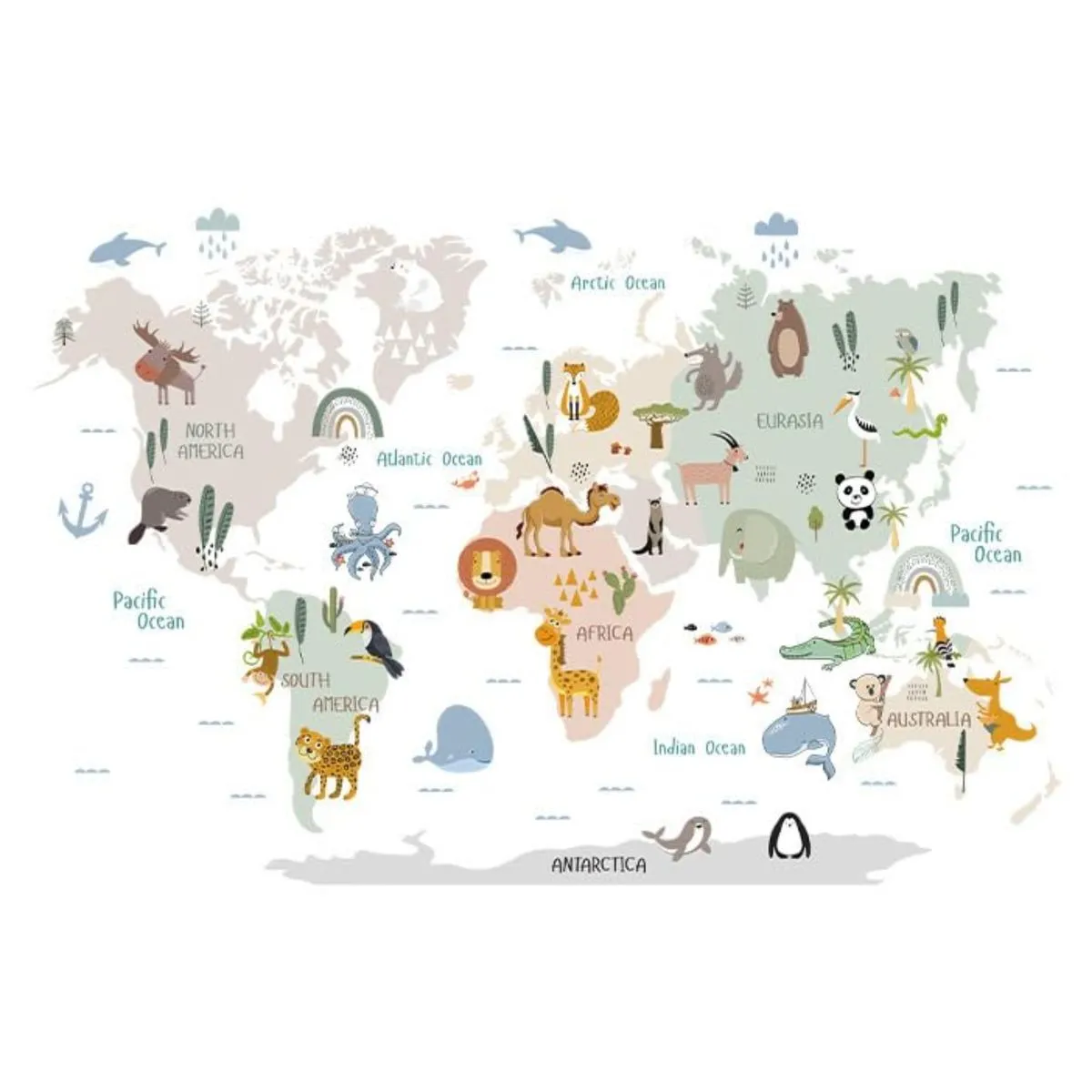 WildAtlas Classroom Peel & Stick Room Decor Kids Animal World Map Sticker