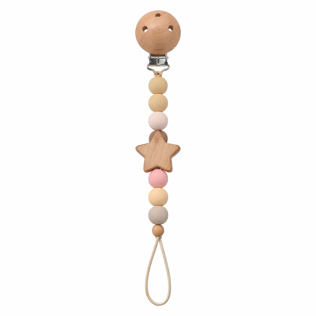 3 Pack - Wooden And Silicone Baby Pacifier Clip With Star Accent - Brown, Pink