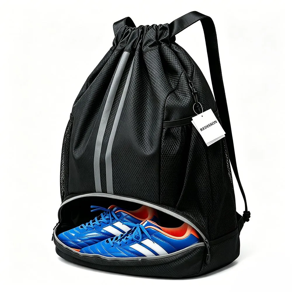 REDISSON - Sports Drawstring Backpack Gym Swim Bag with Shoe Section - Black