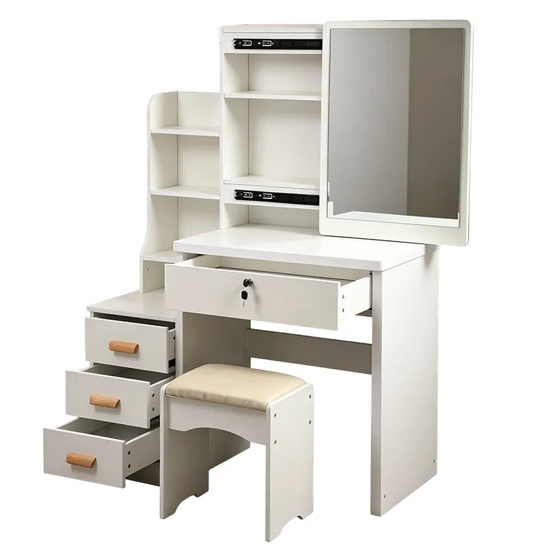 White Wood Dressing Table Set: Mirror, Stool & Hidden Storage