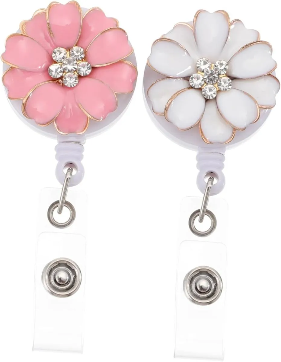 2pcs Flower Rhinestone Badge Holder Retractable Clip for Students
