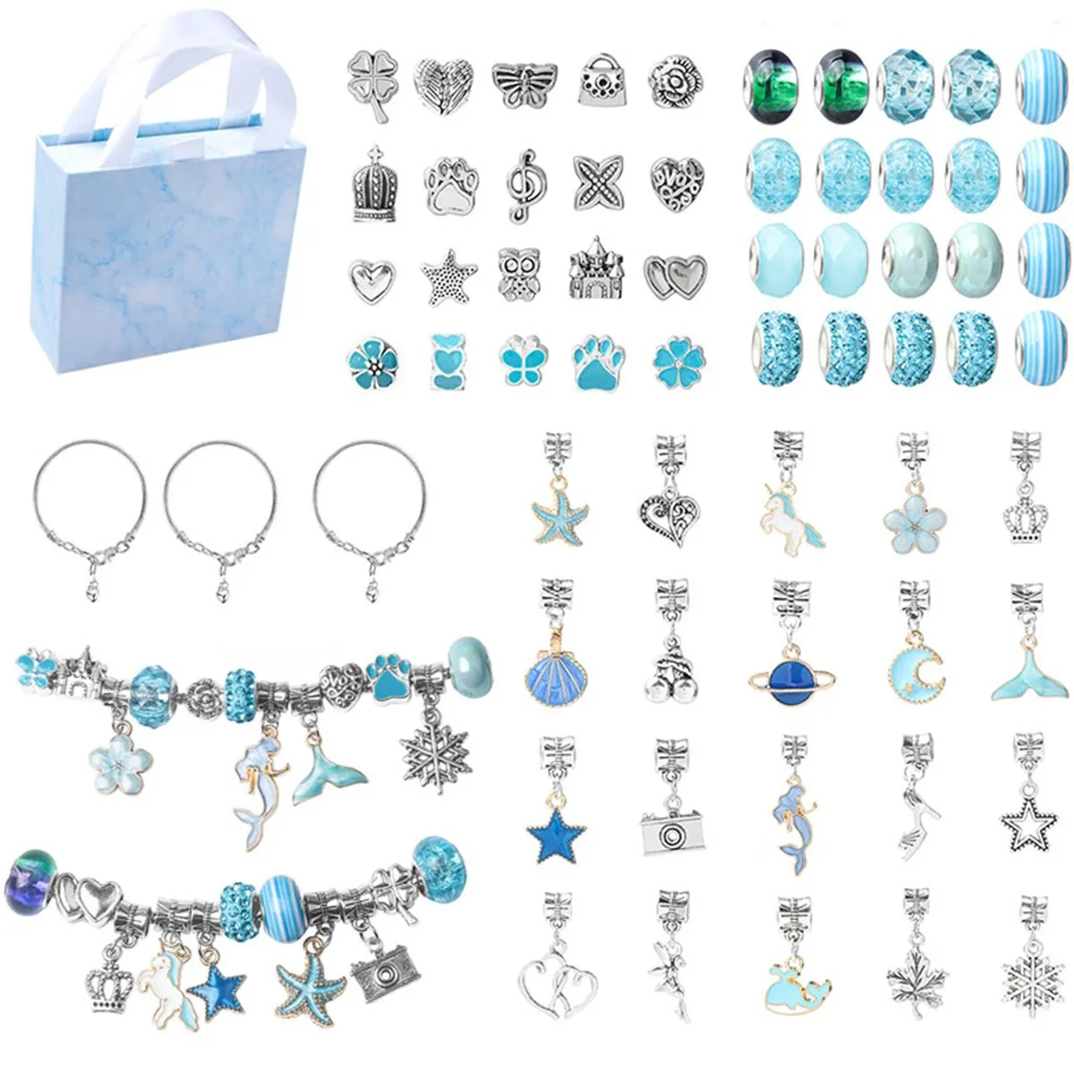 64 Pieces DIY Charm Bracelet Making Kit for Girls Charm Beads Bracelet Jewelry - Blue