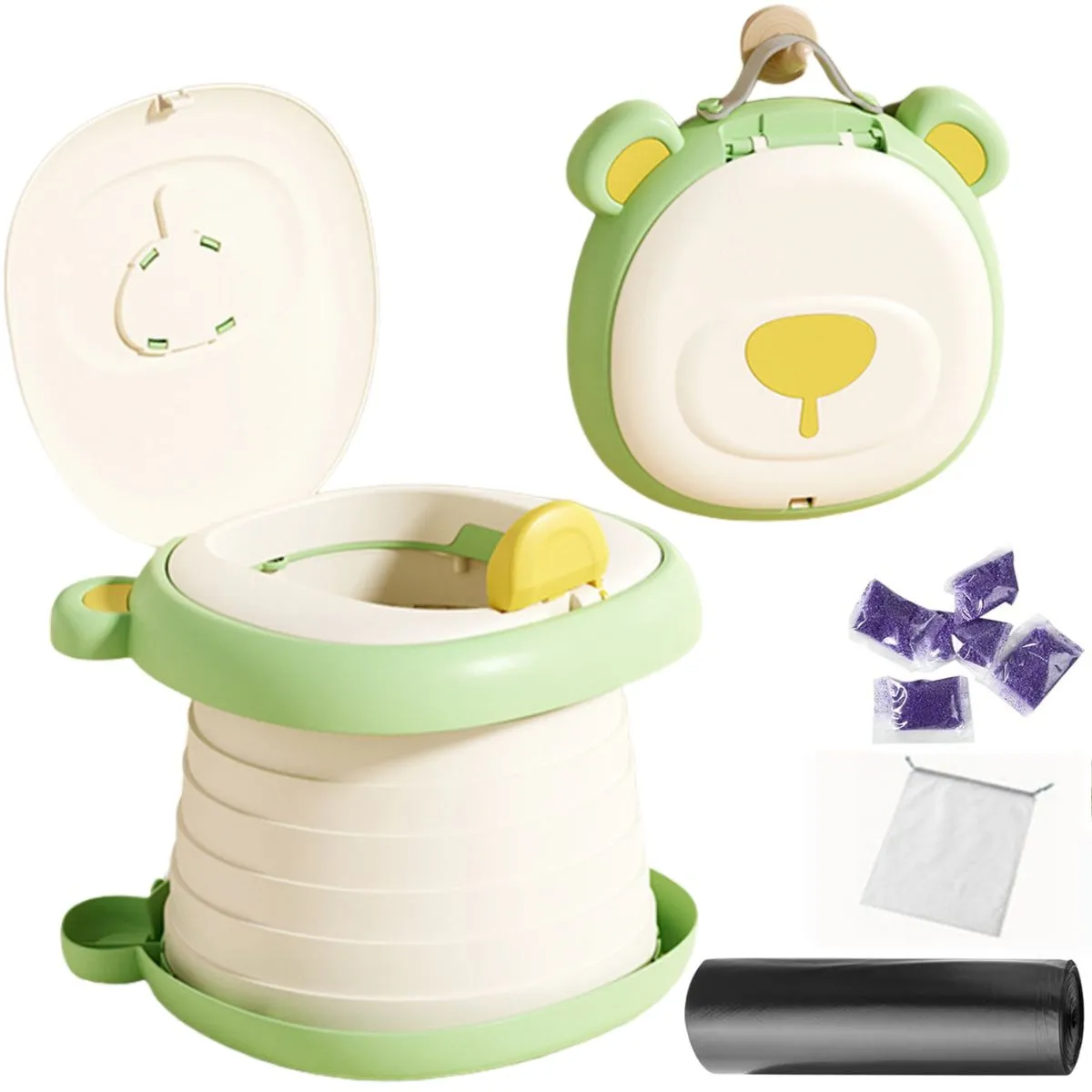 Baby Foldable Emergency Toilet Potty For Toddler With Bag & Absorbent Sand - Green
