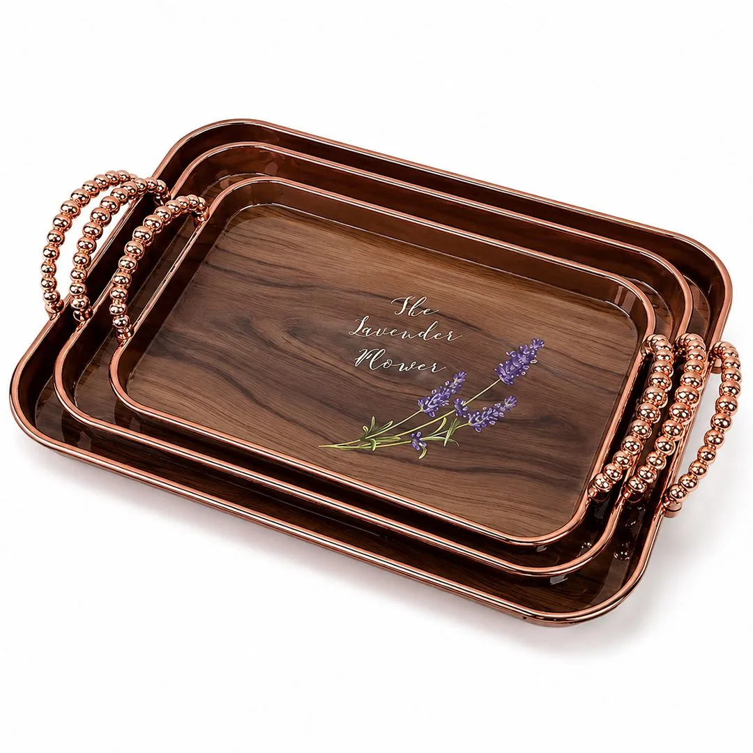 3pcs Serving Tray Fruit Dinner Food Tray Rectangle Wood Grain with Handle