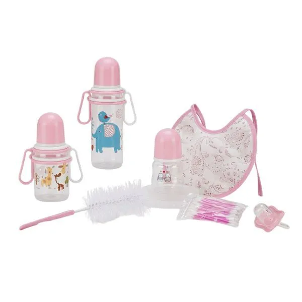 Baby Feeding Set 3 Bottles Bib Brush Pacifier Newborn Gift Pink