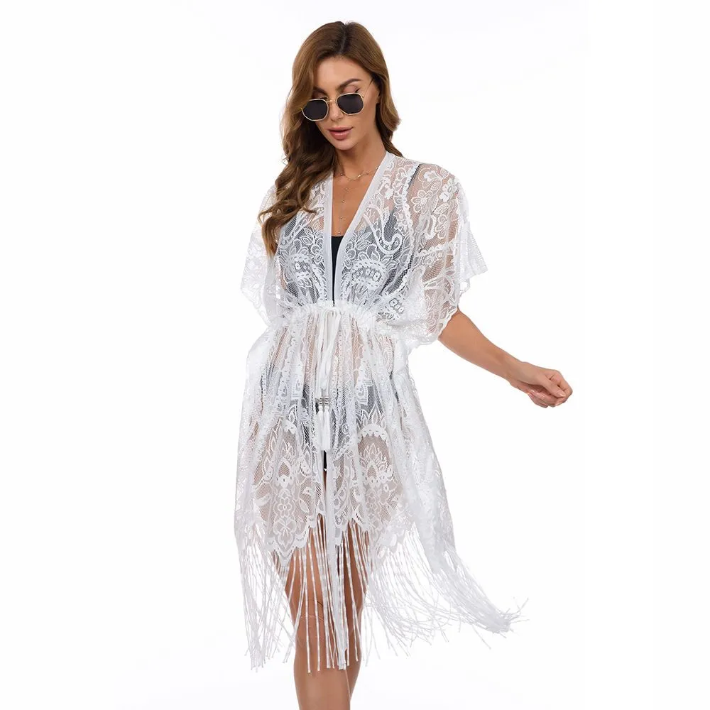 Large Bikini Lace Cover Cardigan, Elastic Waist Cover, Beach Vacation - White