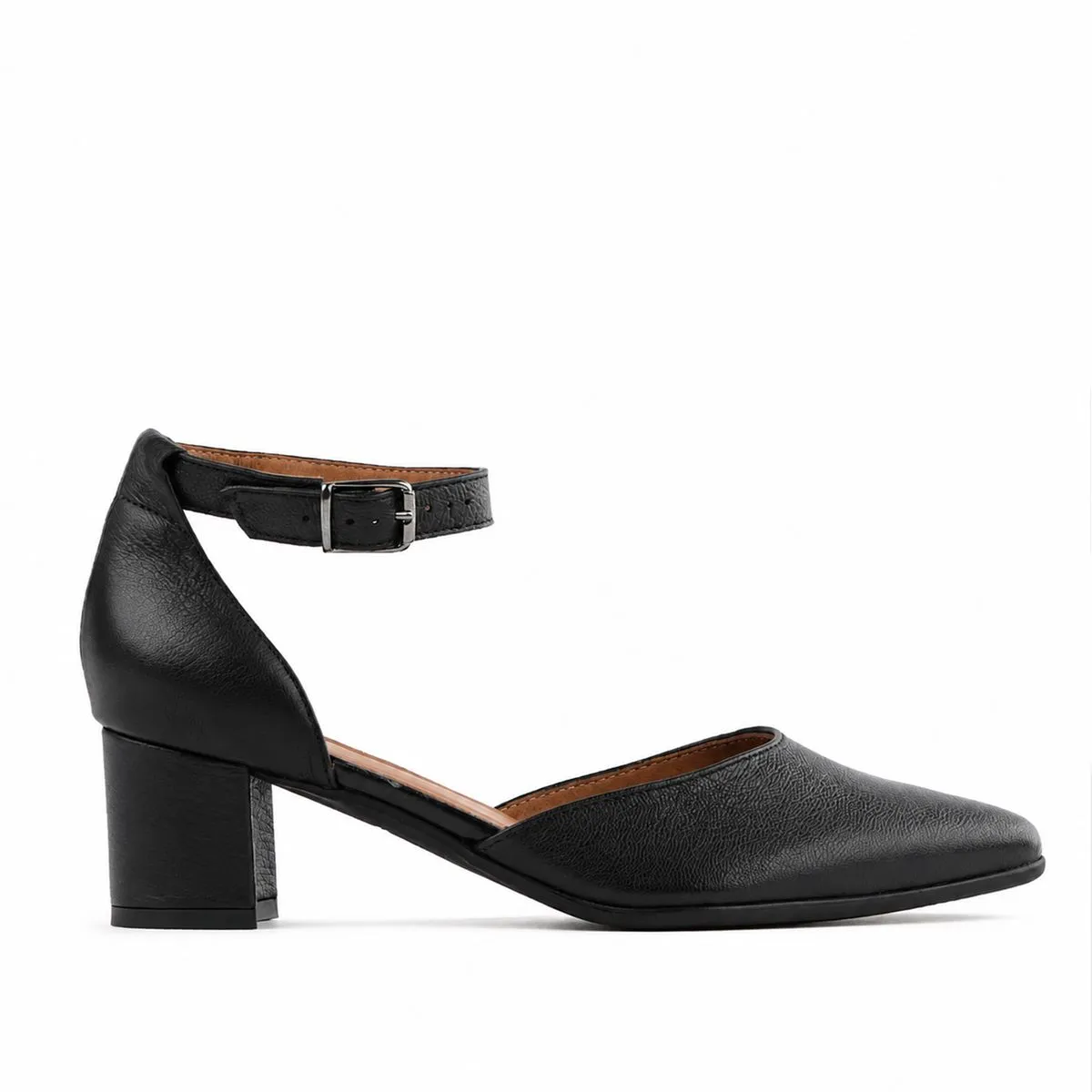 Froggie Women's Pointed Block Heel-Ankle Strap-Black Leather - 12802