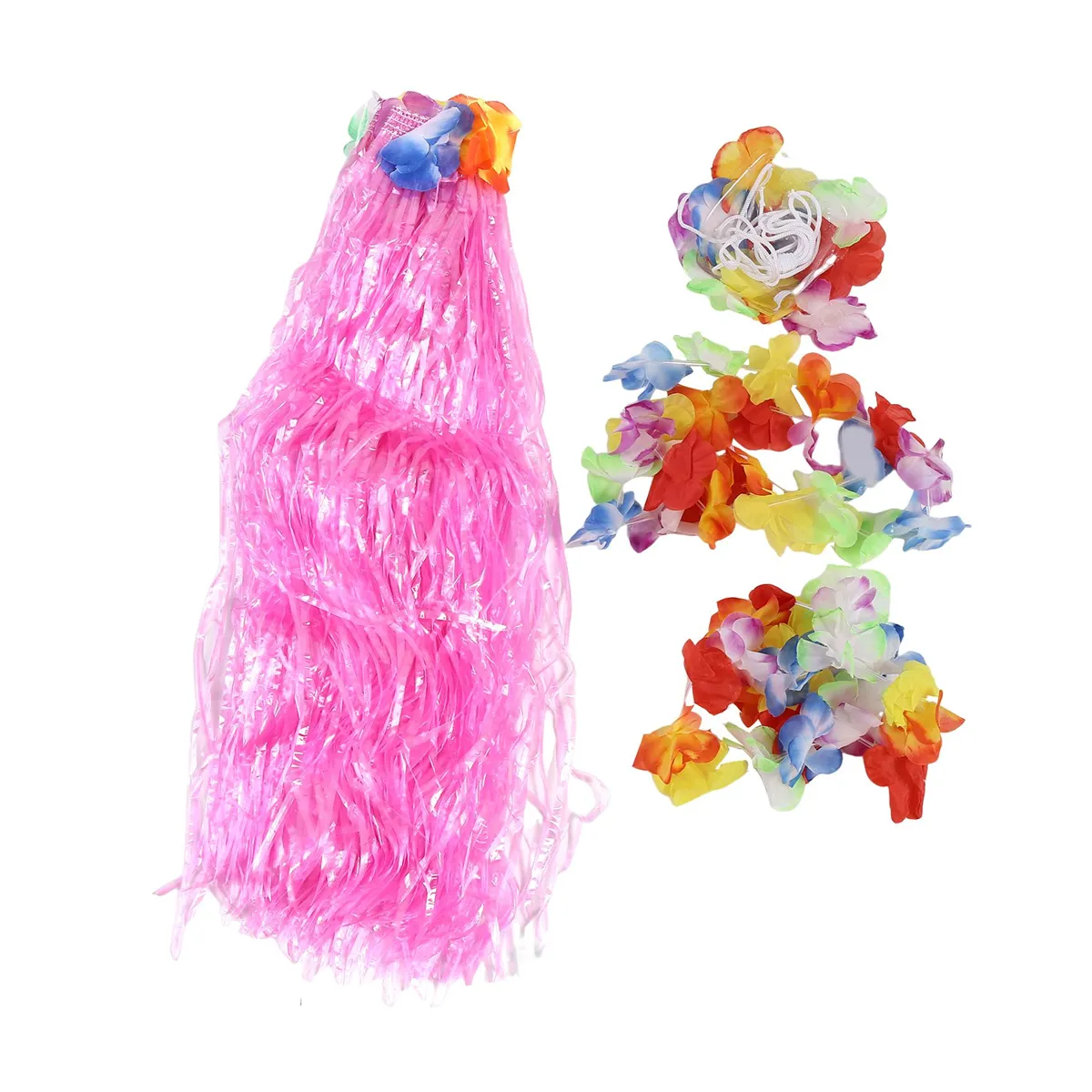 6 Set Hawaiian Grass Skirt Flower Hula Lei Wristband Garland Fancy Dress