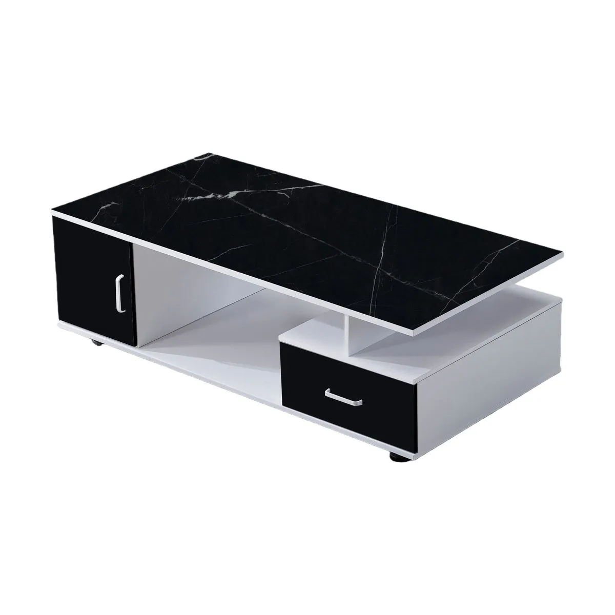 Coffee Table - Wooden Tabletop with Stone-like Texture, Featuring a Drawer - Black