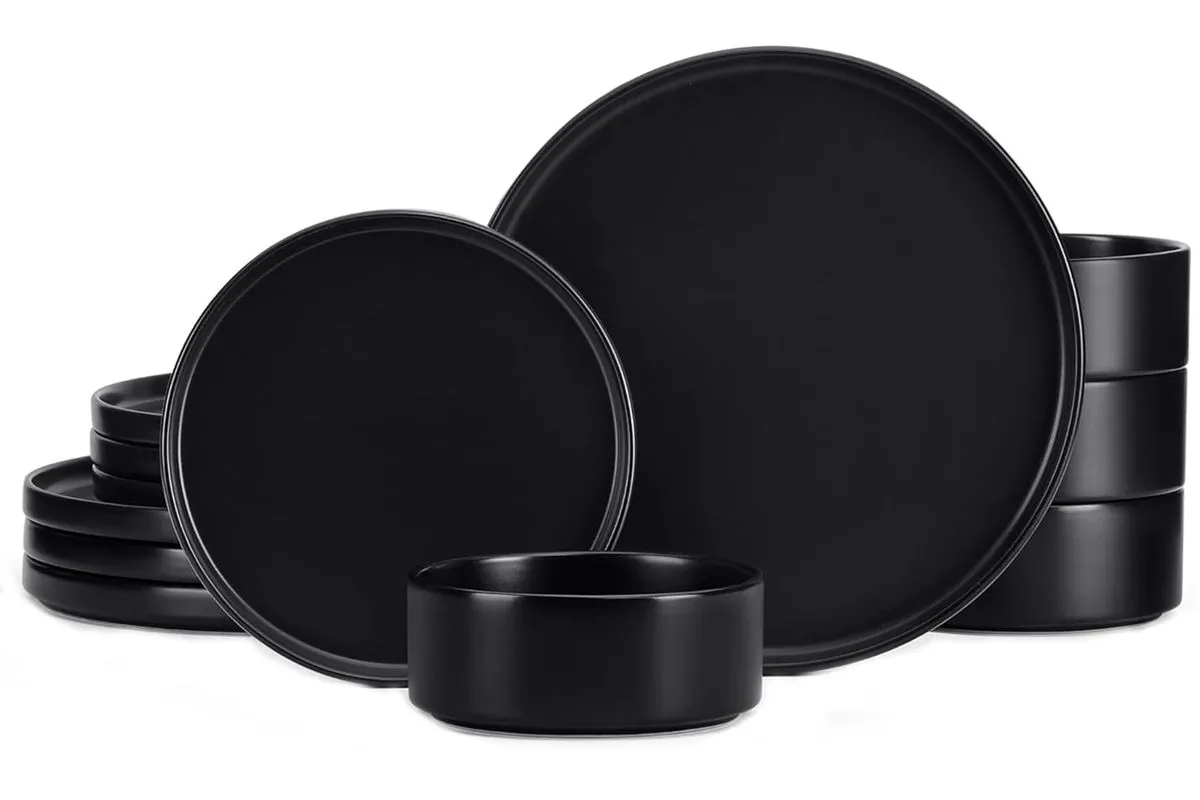 Stoneware Dinnerware Sets, 12-Piece Plates and Bowls Dish Set - Matte Black
