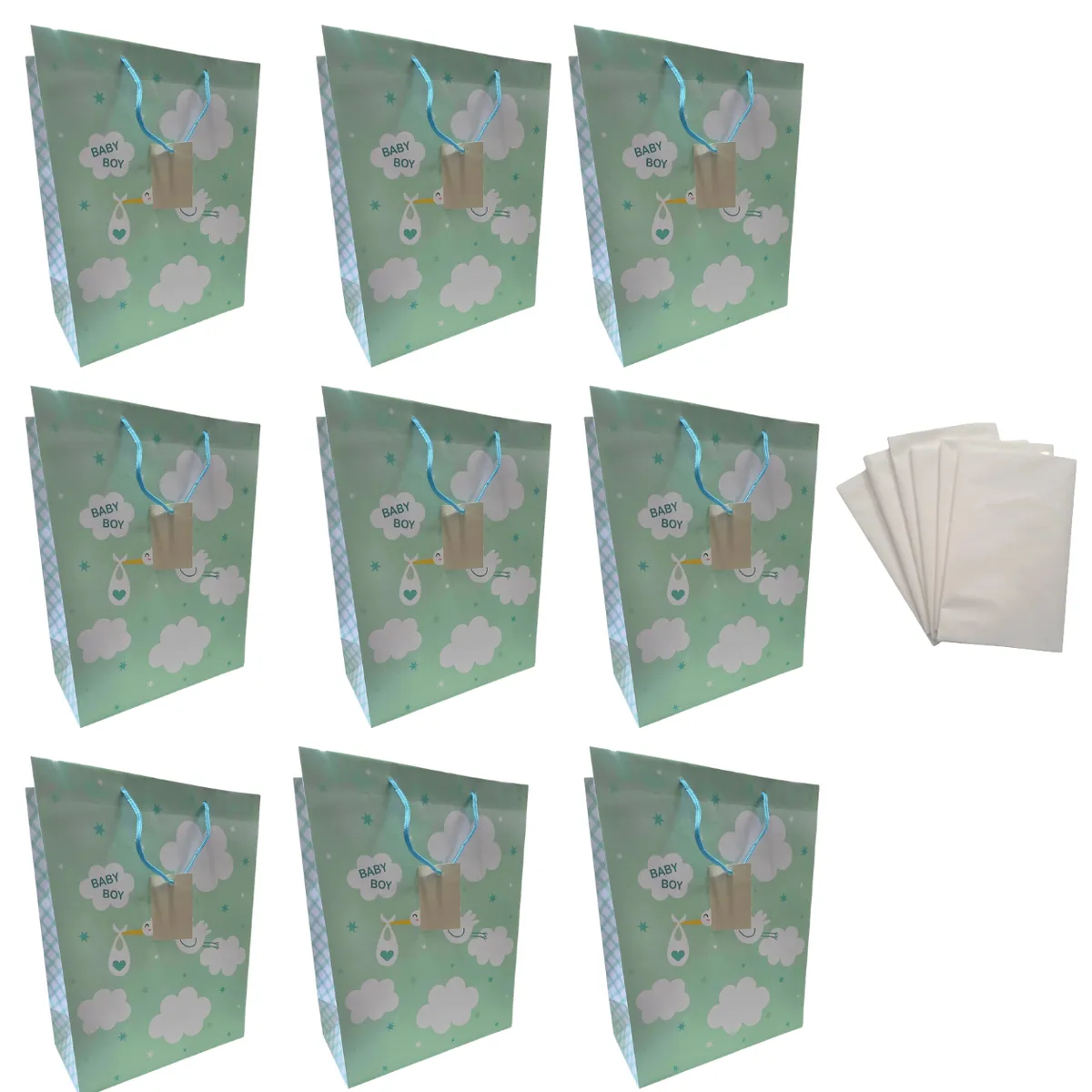 Mint Baby Shower Stork Gift Bag & Tissue Paper Set 6 Pack