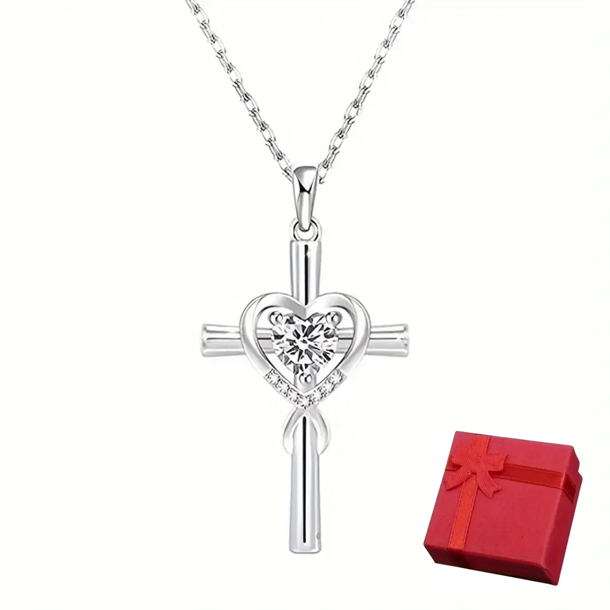 Love Faith Infinity Christian Cross & Heart Stone Necklace & Gift Box -JC7C