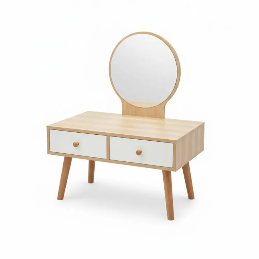 Dressing Table with a Round Mirror, Two Drawers, and Solid Wood legs - Brown