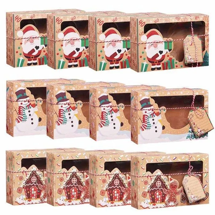 12 Christmas Gift Boxes with Clear Window & Tags
