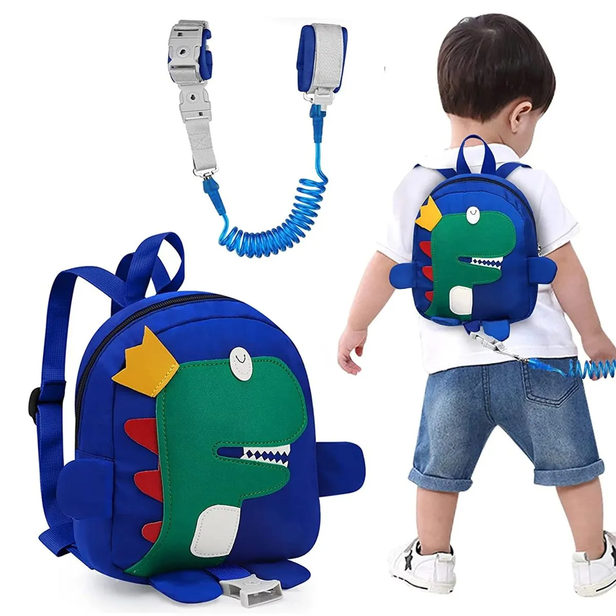 Toddler Harness Backpack with Wrist Link Rope Anti Lost Dinosaur Backpack - Blue